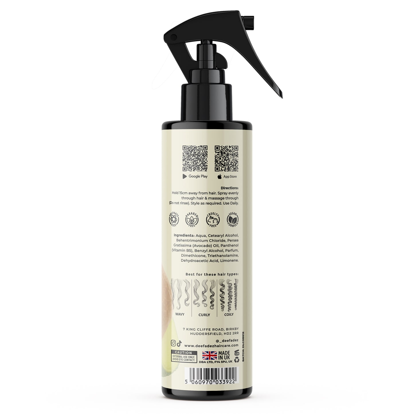 DEE FADEZ CURL MOISTURISER SPRAY WITH AVACADO OIL & VITIMAN B5 FOR PERMED / CURLY HAIR / CHEMICALLY TREATED HAIR